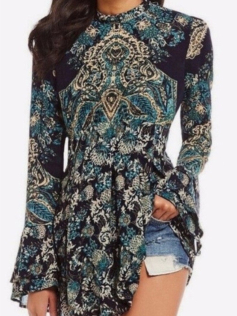 Free People Women's  Lady Luck Printed Long Bell Sleeve Tunic Size Medium